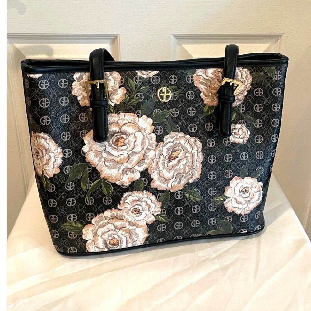 NWT Giani Bernini Floral Print Tote Bag Black Cream Roses Gold Monogram